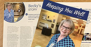 Becky smiling at Guttenberg Hospital, part of "Becky's Story" feature.